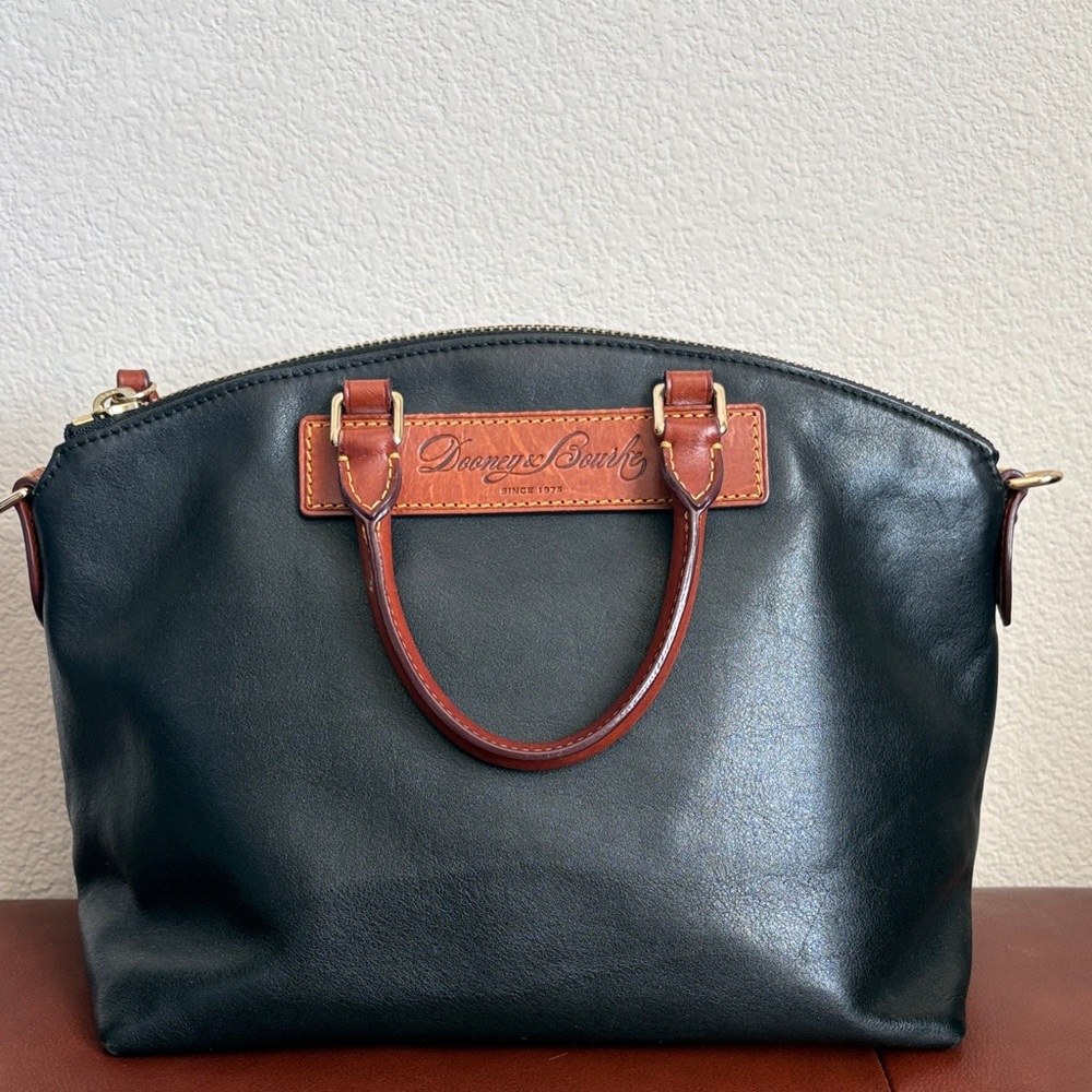 Vintage Dooney & Bourke Black Leather Satchel with Brown Handles